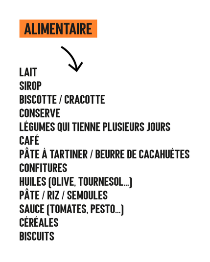 Lait, sirop, biscotte, conserve, légumes qui tiennent plusieurs jours, café, pâte à tartiner / beurre de cacahuètes / confitures, huiles (olive, tournesol...), pâte / riz / semoules, sauces (tomates, pesto), céréales, biscuits