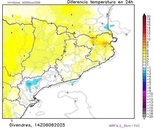 Diferència entre la temperatura màxima de dijous i la de divendres (WRF/3Cat)