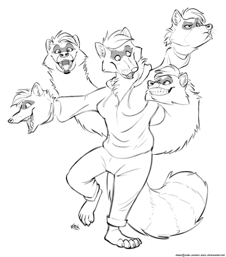 An anthro raccoon with heads for hands and an additional two heads on long necks.