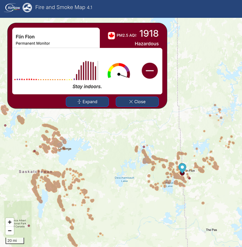 Screenshot of the Flin Flon air quality sensor, showing a reading of 1918, pegging the air quality meter on the poor end of the scale.
