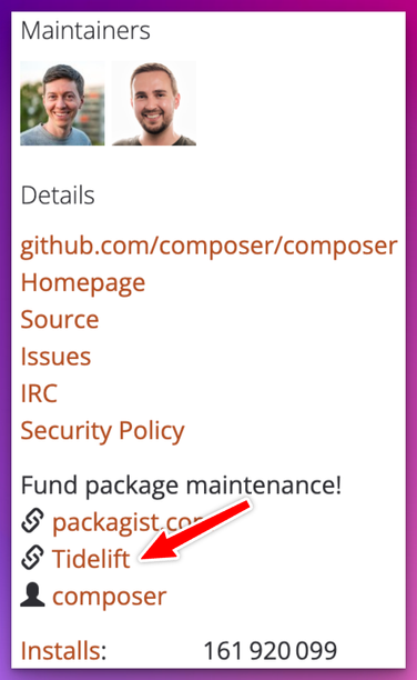 Screenshot of a packages.org snippet with a Tidelift link