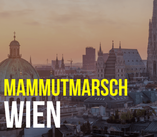 Plakativer Text in Großbuchstaben vor Wienklischeebild:
Mammutmarsch
Wien