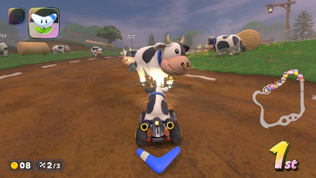 Me being a cow in Mario Kart World, about to hit a Moo Moo Meadows cow which for some reason is much bigger than me.