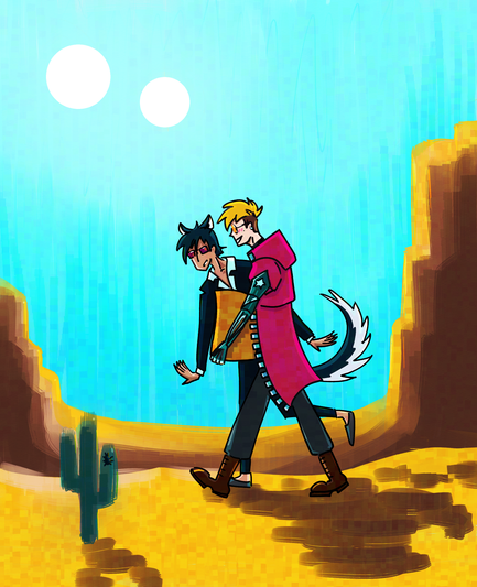 a fanart with Vash and Wolfwood walking through the desert