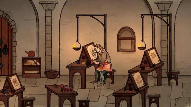Pentiment's main character working in a scriptorium, in a pseudo-medieval art style