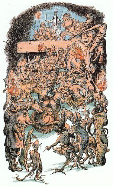 The White Witch's monstrous army gathers around the imprisoned Aslan. An illustration by Pauline Baynes for "The Lion, the Witch, and the Wardrobe."