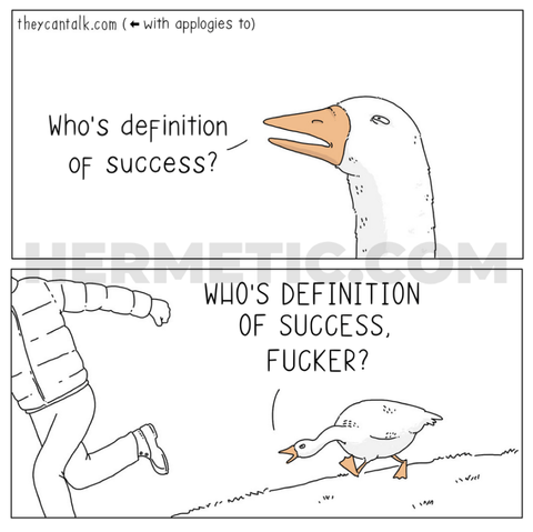 Square image, goose chasing guy meme format, a modified comic by Jimmy Craig originally captioned "feathers". Top panel, goose says "Whose definition of success?" Bottom panel, goose chasing guy says "WHOSE DEFINITION OF SUCCESS, FUCKER?"