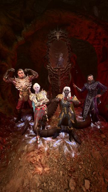 Halsin, Minthara, a female drow, and Gale Dekarios from Baldurs Gate 3 pose in front of an illithid pod that houses Mizora. They are in various triumphant poses and smiling because Mizora is trapped and is a devil and a butt.