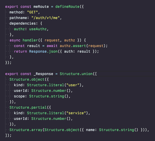 TypeScript code with a route called "meRoute" and a structure called "_Response" exported