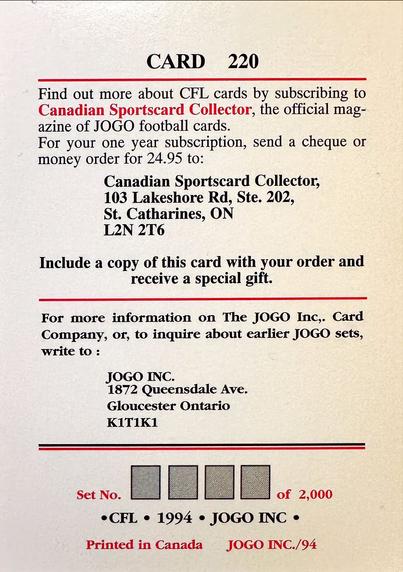 A promotional image of a CFL (Canadian Football League) trading card featuring subscription information for the Canadian Sportscard Collector magazine. The card includes details for ordering and a note about a special gift for including this card with the order.