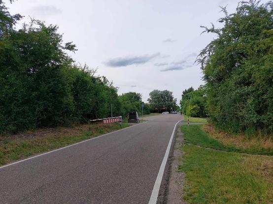 Foto einer Straße ohne Gehwege und mit Fahrbahnrandmarkierungen. Beiderseits befinden sich Hecken. Am linken Straßenrand ist eine geöffnete Schranke, dahinter steht ein Enforcement Trailer.