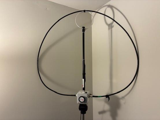 Photo of original loop antenna setup (CHA F-Loop 3 Basic) and indoor location.