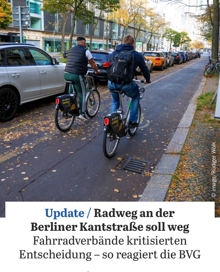 Foto im TAGESSPIEGEL von einem Radstreifen auf der Kantstraße in Berlin Charlottenburg. Zwei Radfahrende fahren nebeneinander.