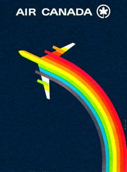 A DC-8  takes a curvy turn and is filled with a rainbow