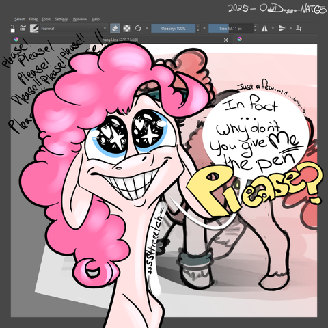 Pinkie Pie the pony from MLP, drawn in front of a drawing of Pinkie Pie in an art program, making a huge-eyed begging face, while saying 'In fact...why don't you give ME the pen, Please?'