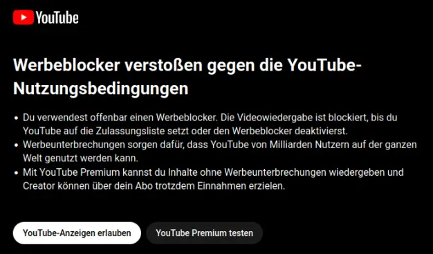 Werbeblocker verstoßen gegen die YouTube- Nutzungsbedingungen
* Du verwendest offenbar einen Werbeblocker. Die Videowiedergabe ist blockiert, bis du YouTube auf die Zulassungsliste setzt oder den Werbeblocker deaktivierst.
+ Werbeunterbrechungen sorgen dafür, dass YouTube von Milliarden Nutzern auf der ganzen Welt genutzt werden kann.
+ Mit YouTube Premium kannst du Inhalte ohne Werbeunterbrechungen wiedergeben und Creator können über dein Abo trotzdem Einnahmen erzielen.
YouTube-Anzeigen erlauben YouTube Premium testen