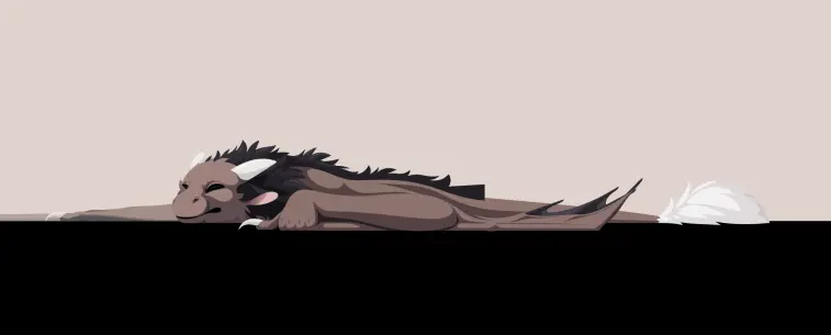 Incomplete vector art of a brown furred wyvern lying flat on the ground with closed eyes. The wing in the background is spread out, while other other one is curled up
