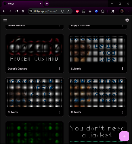 The tidbyt.app website, showing three installations of the Culver's app - one showing "Devil's Food Cake" in Oak Creek, Wisconsin; one showing "OREO Cookie Overload" in Greenfield, Wisconsin; and one showing "Chocolate Caramel Twist" in West Milwaukee; Wisconsin. The names of these custard flavors show up next to pictures of said flavors, as the location names scroll by above them.