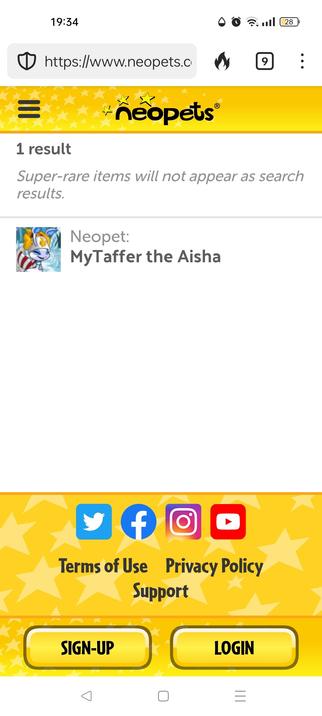 Screenshot mobile view of neopets search result showing my neopet, mytaffer the aisha