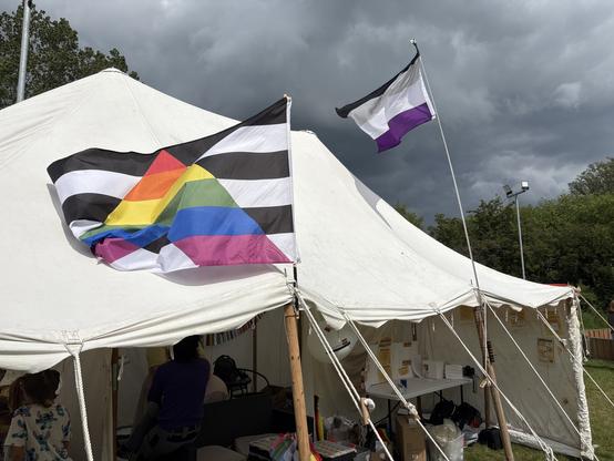 Flagene blafrer i vinden over teltet. Forrest et Ally-flag. Bagved et aseksuel-flag.