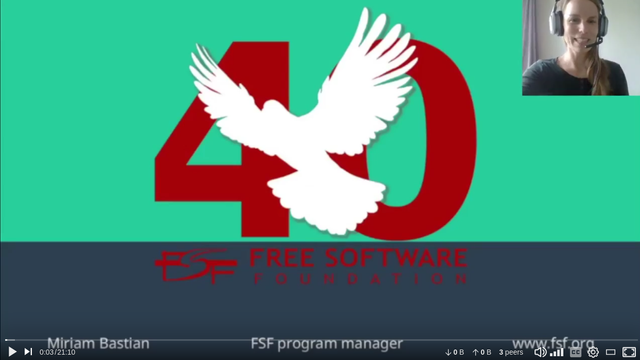 A screenshot of a Framatube video with the FSF400 logo in the middle and a small picture of FSF program manager Miriam Bastian in the upper right corner