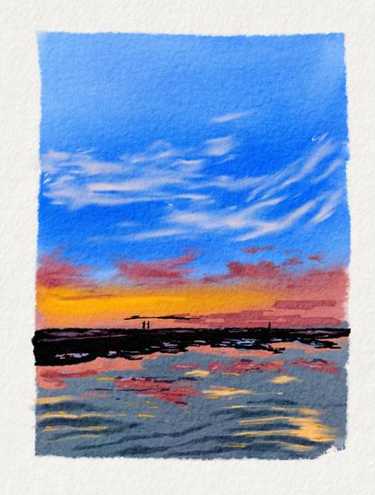 Digitale Aquarell-Skizze eines Sonnenuntergangs am Meer. Im Vordergrund spiegeln sich die Farben im Wasser, in der Mitte, am Horizont, ist ein Sandstreifen auf dem ganz klein Menschen zu sehen sind. Der Himmel ist unten lila gelb pink verfärbt. Oben blau mit leichten weißen Wolken.