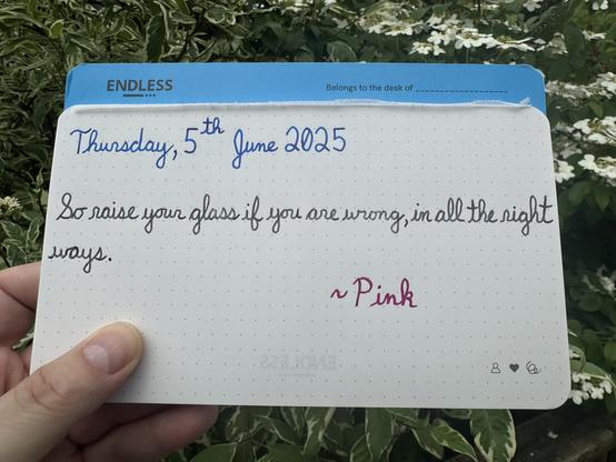 A pen quote of Pink that reads, “So raise your glass if you are wrong, in all the right ways.”

Written using Pilot Iroshizuku Kon-Peki, Waterman Intense Black & Wearingeul Pride and Prejudice.