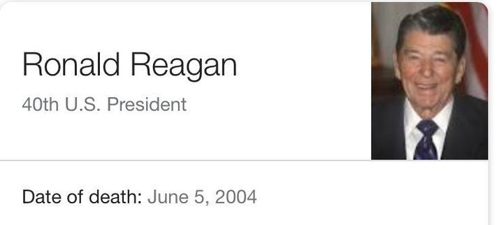 Ronald Reagan. 40th US President. Date  of Death: June 5, 2004