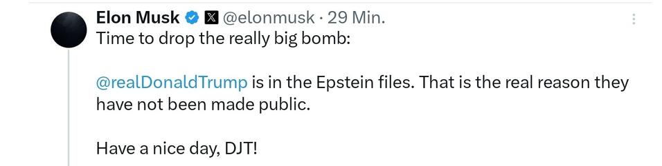 Elon Musk time to drop the really big bomb, trump is in the epsteinfiles...