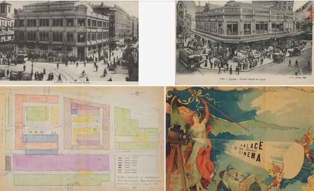 Capture d'écran parmi la sélection d'images intégrées dans Wikimedia Commons, la médiathèque de Wikipédia : en haut, 2 cartes postales noir et blanc représentant le Grand Bazar, un grand magasin qui se situait à l'angle de la place des Cordeliers et de la rue de la République à Lyon.
En bas, un plan masse en couleur de l'ancien marché de gros dans le quartier de Perrache, et à droite une affiche très colorée pour l'ancien cinéma Palace situé rue Childebert à Lyon, avec une femme près d'une caméra qui illumine de son faisceau de lumière.