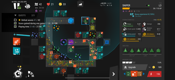 The image depicts a screenshot from a "tower defense" strategy game, featuring a dark interface with various game elements. The top left corner shows the game's performance metrics: 60 FPS, 30 UPS, and ≈42. Below this, there are health, gold, and energy indicators, along with a score of 29,720 and a wave count of 440. The left side of the screen displays quests, with two completed out of three, including "Defeat waves 41/42" and "Score gained during one game 8.10K." The central area shows a grid-based battlefield with various units and structures, each marked with different colors and levels (L1 to L5). The right side provides detailed information about a unit named "SNIPER," level 3, with stats like range, damage, attack speed, and crit chance. The sniper's experience is 28/110, and it has a bonus experience of 150%. The abilities section lists various upgrades, with the current level at 3 and a cost of 189. The bottom left corner shows a resource bar with icons for energy and gold, and the bottom right corner displays upgrade options for the sniper.