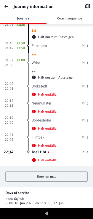 Screenshot des db navigator. Mehrere rote Hinweise: Halt entfällt.