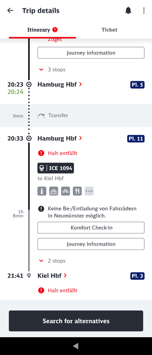 Screenshot des db navigator. Mehrere rote Hinweise: Halt entfällt.