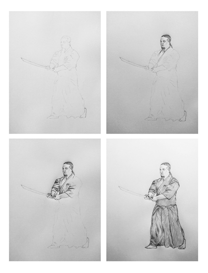 This example drawing shows my sempai Sander in action during the kata competition earlier this year — just to give you a feel for what’s coming! 🙂