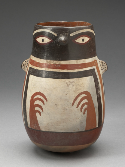 official museum photo of the penguin effigy vessel, front profile on gradient grey background; polychrome ceramic in typical Nazca style with sculpted (beak, wings) and painted details  “This vessel, with its tiny, sculpted wings, is a rare depiction of a Humboldt penguin (Spheniscus humboldti) in Nasca art. Although Nasca peoples lived in a tropical desert, the adjacent waters of the Pacific Ocean are extremely cold due to the Humboldt Current, which flows northward from Antarctica. Since ancient times, the frigid sea has allowed colonies of penguins to thrive at the equator; but their numbers are now dwindling, and the species is considered vulnerable to extinction.”