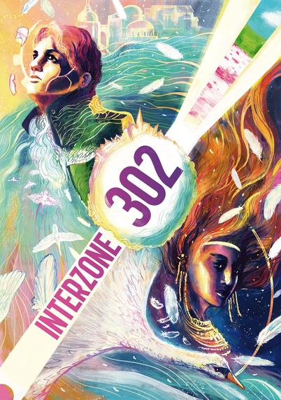 IZ 302 cover art by Carly A-F for short story ‘I Object’ by Kate Orman. A surreal, dreamlike illustration with a painted baroque fairytale vibe in futuristic pastel colours. Everything revolves around the world in the centre, including swans in flight and feathers floating free. Bottom right is a princess who looks pensive and troubled; top left, Zain, a character from the story who looks hopeful, and is looking out of the frame.