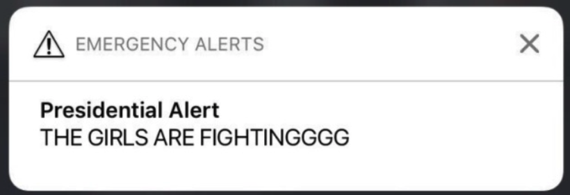 Screen shot of a phone emergency alert:


EMERGENCY ALERTS 
Presidential Alert 
THE GIRLS ARE FIGHTINGGGG