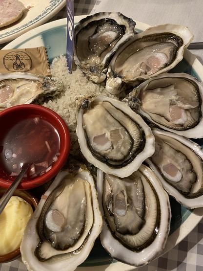 Østers på en tallerken med havsalt, sitron og ei rød skål med saus.