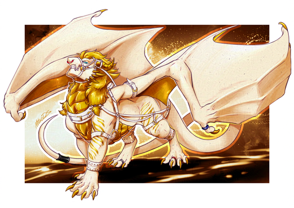 White dragon with a golden mane and golden plating is strutting around in a flying harness, ready to take off with some friendos on his back