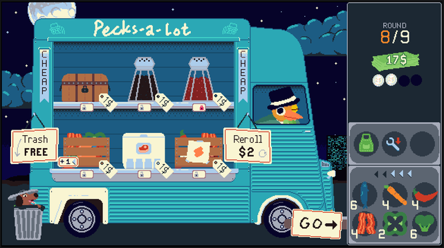 Chicken called Pecksalot drives a blue food truck selling various food crates and such. Also there's a dog in a trashcan.