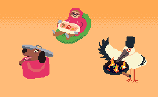 Various relics from the game. A cozy sloth in a hoodie cooking some meat, a serious bird doing stirfry and a trash dog in a handbag.
