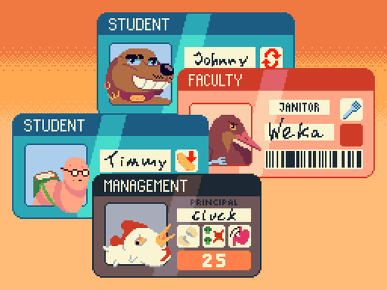 ID cards of multiple characters; dog with earring, weka bird with fork, worm with glasses and fat chicken
