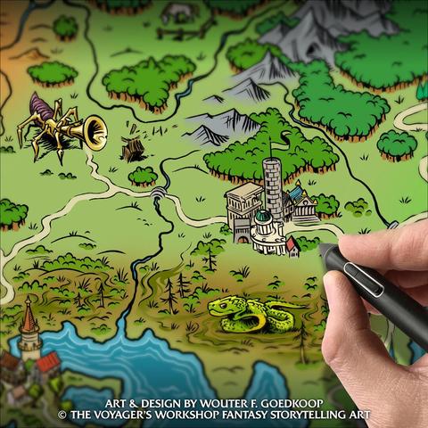 Closeup on the colouring process of a fantasy map.