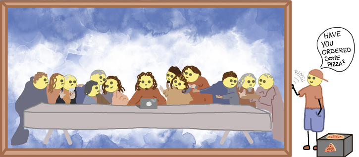 A Comic showing the painting "The Last Supper". A pizza deliveryman is ringing on the frame of the painting and asking: 'Have you ordered some pizza?'.  Jesus has a MacBook on the otherwise empty table. On the MacBook is written in very small: 'This was Adam for sure!', and an arrow is pointing to the bitten apple.