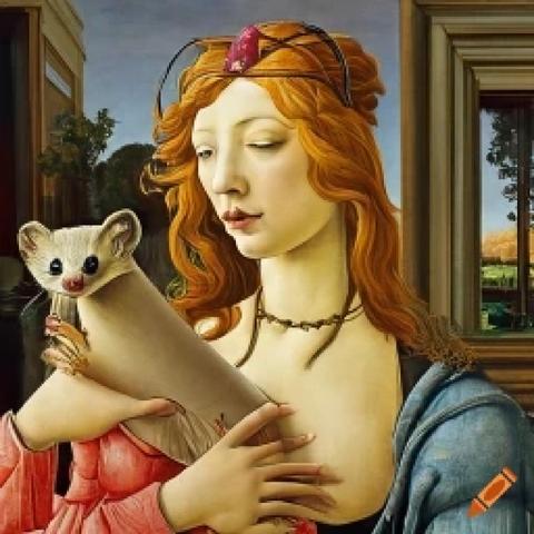 A.I. image generated from tanka text of medieval woman cuddling a weasel crayon.com