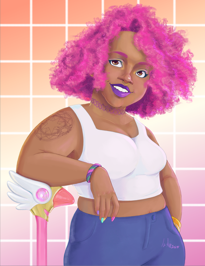 A plus size black woman leans confidently on a cane shaped like Sakura's sealing wand from Cardcaptor Sakura. She has curly, cloudy pink hair and eyebrows; sparkling brown eyes; rainbow eyeshadow, teal eyeliner, and two-toned purple lipstick. On her left shoulder is a tattoo of Sakura's magic circle. She's wearing a white cropped tank top, blue jeans, and rainbow nails. On her left wrist is a multicolour striped bracelet; on her right, two orange-yellow chunky bracelets.

The background is an orange-white-pink gradient, representing the Lesbian Pride flag. A grid of thin white lines sits over top. My artist signature is on her right hip.