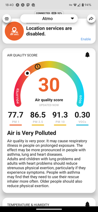 Screenshot from the Atomotube app showing the air quality for Toronto. Large red numbers say 30. Underneath pm1 77.1, PM 2.0 86.5, PM 10 91.3, VOCs 0.30

Directly below are the words "Air is Very Polluted"