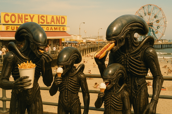 A 1970s-style photo of four Xenomorphs at Coney Island: mom with fries, dad with a hotdog, and two kids enjoying ice cream, all set against a sunny beach and boardwalk.