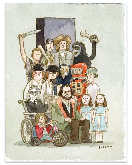 A whimsical drawing by artist Scott Campbell: filmmaker Stanly Kubrick, sitting, is surrounded by a group of his characters, including the Grady twins, Danny and Wendy from "The Shining"; the eponymous Dr. Strangelove, Spartacus and Barry Lyndon; the monolith, Moonwatcher and Dave Bowman from "2001"; Dr. Hardford from "Eyes Wide Shut"; Private Joker from "Full Metal Jacket" and Alex and Dim from "A Clockwork Orange".