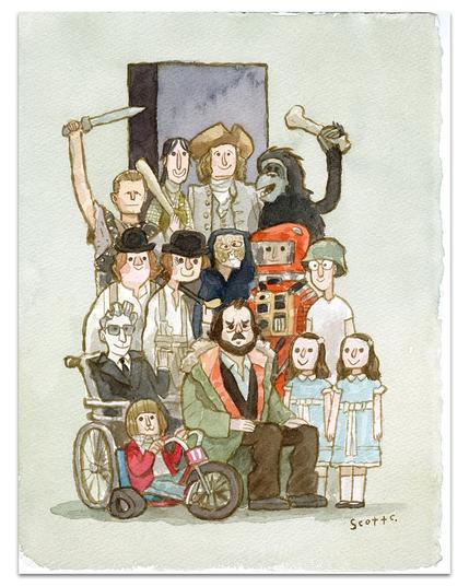 A whimsical drawing by artist Scott Campbell: filmmaker Stanly Kubrick, sitting, is surrounded by a group of his characters, including the Grady twins, Danny and Wendy from "The Shining"; the eponymous Dr. Strangelove, Spartacus and Barry Lyndon; the monolith, Moonwatcher and Dave Bowman from "2001"; Dr. Hardford from "Eyes Wide Shut"; Private Joker from "Full Metal Jacket" and Alex and Dim from "A Clockwork Orange".